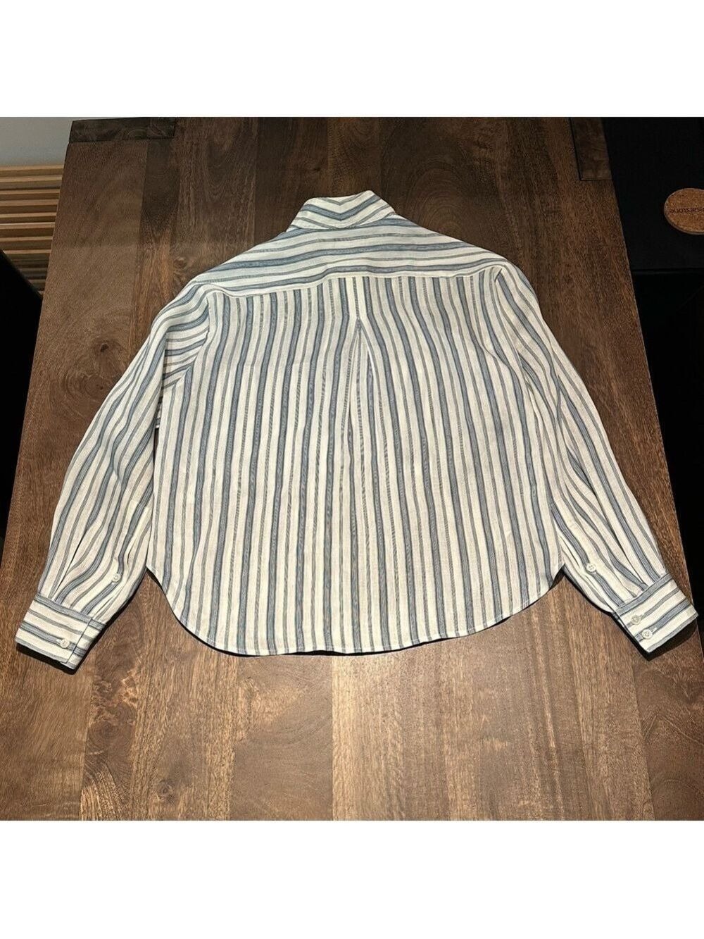 FRAME Stand-Collar Striped Linen-blend Shirt In Blue Size Small - Picture 11 of 11